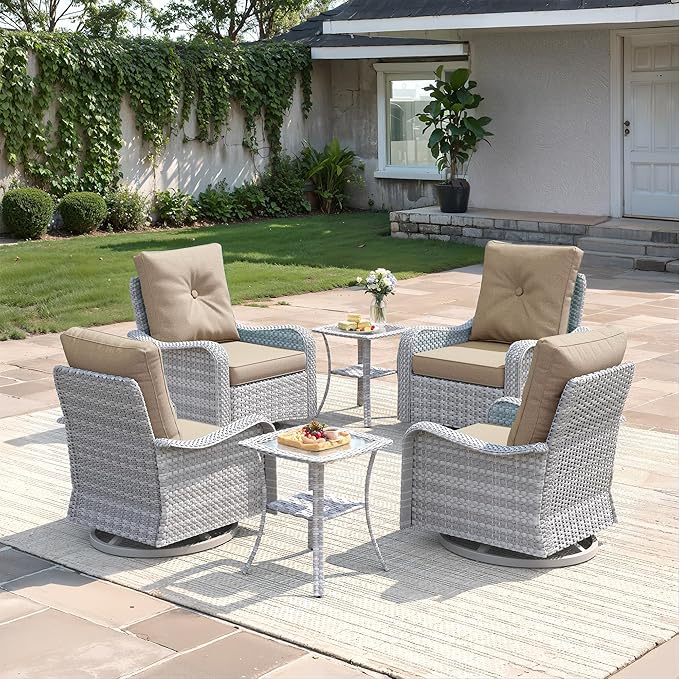 6-Piece Patio Furniture Set, Outdoor Swivel Rocking Chairs with 4" Thick Cushions & Side Table, All-Weather PE Rattan & Rust-Resistant Steel Frame Conversation Set for Porch, Garden, Backyard, Beige
