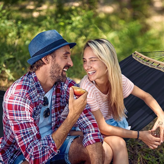 Tranquillo Double Hammock 2 Persons Cotton Canvas 600 lbs Portable Camping Hammock with Solid Curved Wood Spreader Bar Hammock for Camping Trave Outdoor Adventures Indoor Patio Garden, Navy