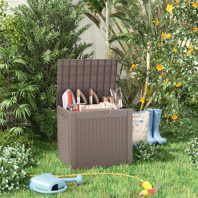 Deck Box Large Outdoor Storage for Patio Furniture,Outdoor Cushions,Garden Tools and Pool Supplies,Waterproof,Resin,Lockable (Grey, 31 Gallon)