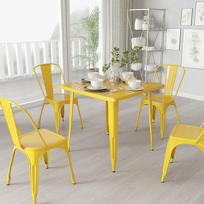 Merrick Lane Nash Indoor-Outdoor Dining Table Only - Yellow Powder Coated Finish - 31.5" Square Top - 27.25" Wide Base - Bracing for Added Stability
