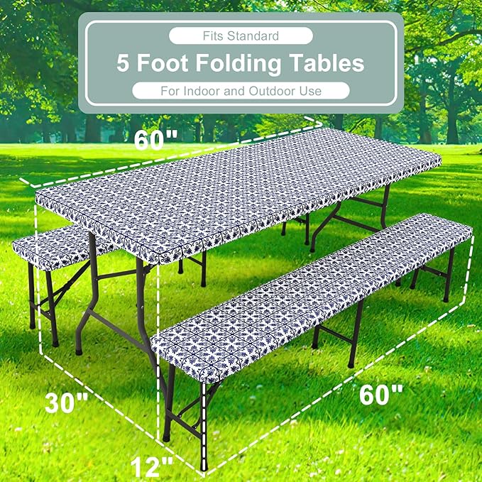 misaya Picnic Table Cover with Bench Cover, Waterproof Elastic Fitted Tablecloth for 5 Foot Tables, Rectangle Washable Polyester Tablecloths for Picnic, Camping, Outdoor (Navy, 30" x 60")