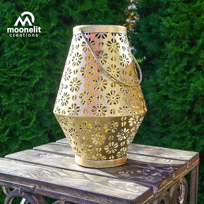 MCSLNT1 Solar Outdoor Hanging Lantern Light, Metal Flower Pattern Decorative LED Light for Garden Lawn Patio Pathway Tabletop Décor