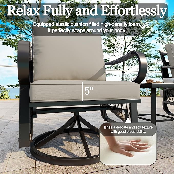 3 Pieces Outdoor Furniture Set, Metal 360° Swivel Rocking Chairs Bistro Sets, Patio Conversation Set with Side Table for Deck, Porch, Garden, Backyard, Poolside (Beige Cushions)