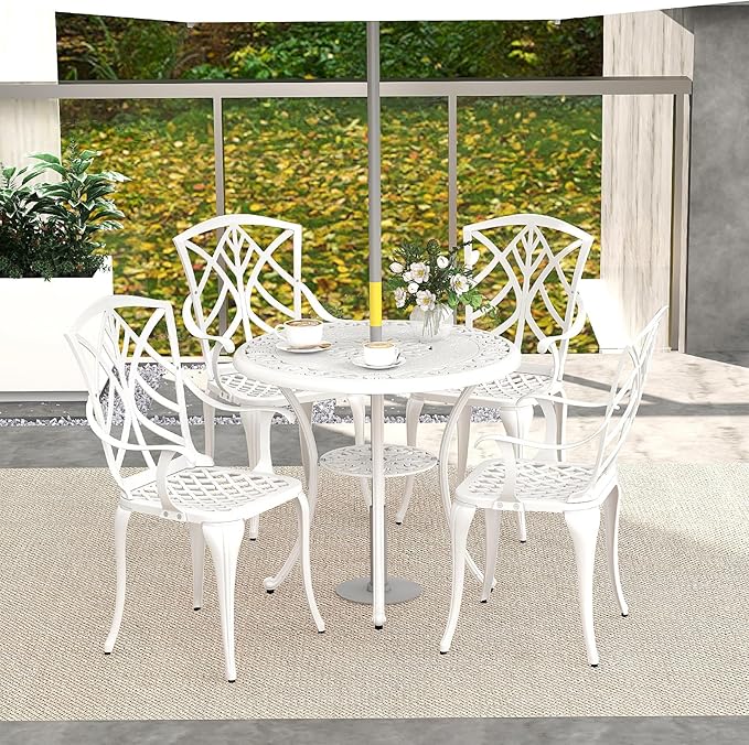 Tangkula 5 Pieces Cast Aluminum Outdoor Dining Set, Round Dining Table with 2” Umbrella Hole & 4 Armchairs, All-Weather Outdoor Furniture Set for Patio, Balcony, Garden & Backyard, White