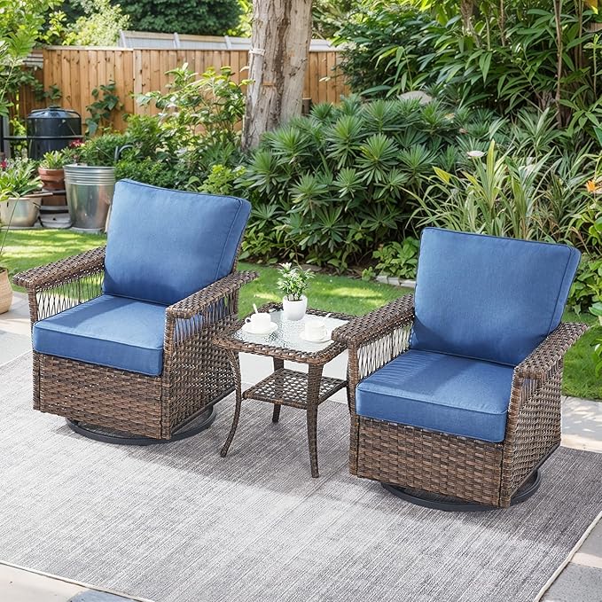 Patio Furniture Set 2 Wicker Swivel Glider Chairs with PE Rattan Side Table Set Brown Wicker Blue Cushions Patio Conversation Set 3pcs for Garden Balcony Sunroom Backyard Poolside