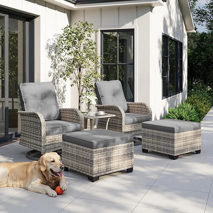 5-Piece Small Patio Furniture Set, Outdoor Swivel Rocking Chairs Set with Ottomans, Patio Bistro Set for Balcony, Deck, Porch, Grey