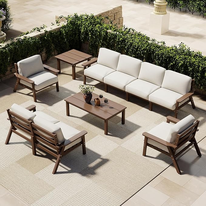 Patio Furniture Set 8 Seats, 4-Seater and 2-Seater Outdoor Sofas with Beige Washable Thick Cushions, Patio Conversation Sets for Lawn, Garden, Porch, Balcony, Deck (Brown Frame)