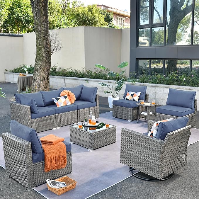 ovios Outdoor 9 Piece Coversation Set with Swivel Rocking Chair,Sectional Patio Furniture Set with All-Weather Wicker Sofa,Modern Outside Couch for Balcony Backyard Pool, Blue