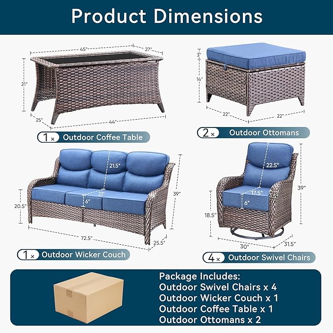 Luxury 8 Pieces Outdoor Patio Furniture Set-All Weather Wicker Swivel Rocker Patio Chairs with 6" Thick Cushion Rattan Sofa Coffee Table, Outdoor Conversation for Garden Porch Backyard(Brown/Blue)