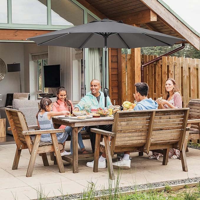 Sun-Ray 9' Round Patio Umbrella with Push-Button Tilt and Hand Crank Lift System, Market Umbrella for Porch, Deck, and Patio