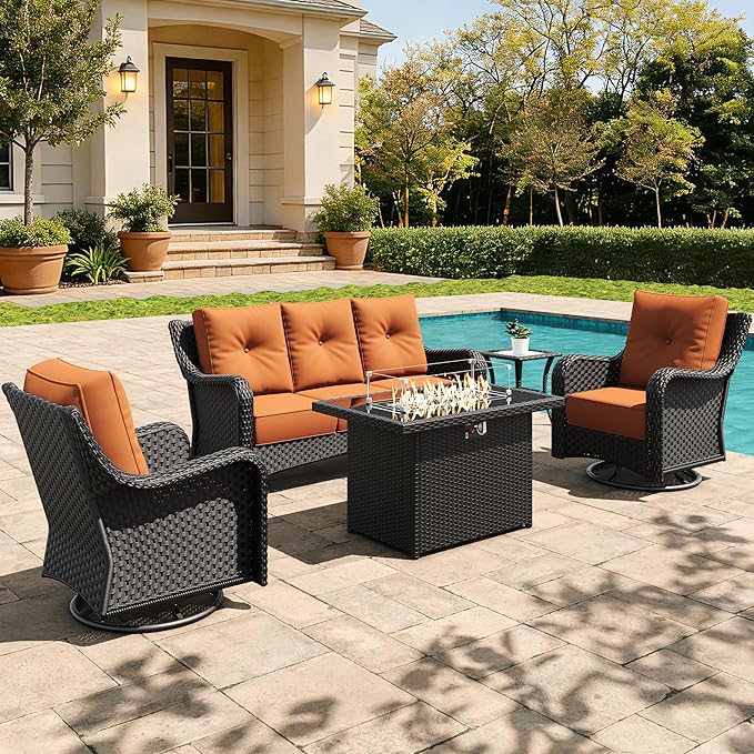 5 Pieces Outdoor Furniture Set with 6-inch Cushions, High Back Wicker Swivel Rocker Chairs with Fire Pit Table, Luxury Conversation Set for Deck Patio and Poolside
