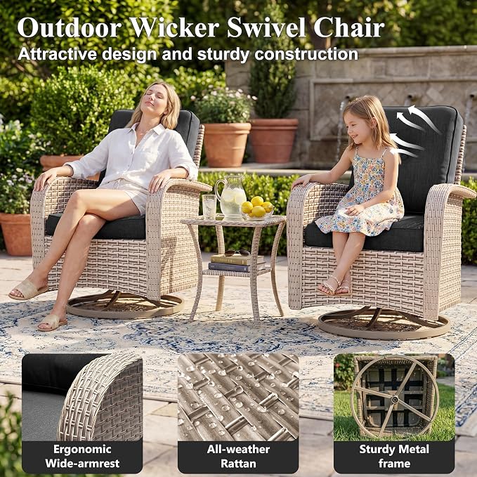 Patio Furniture Set, 12-Piece Outdoor Sectional Sofa with Swivel Rocker Chairs & Ottomans, Wicker Patio Conversation Set with Coffee Table, Black Cushions