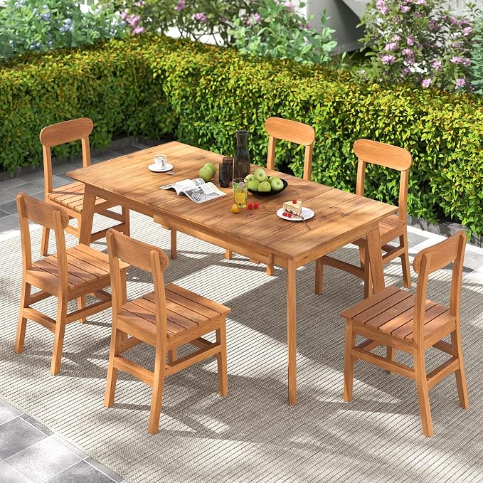 Tangkula 71"-94" Teak Wood Extendable Patio Dining Table for 6-8 People, Large Expandable Outdoor Slatted Table, Rectangular Outdoor Dinner Table for Garden, Lawn, Yard and Poolside