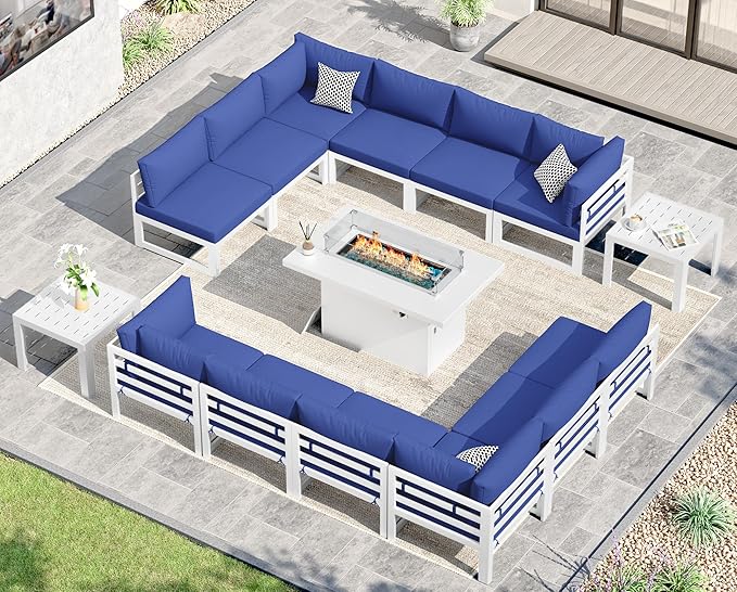 NICESOUL 15 Piece XL Aluminum Patio Sectional Furniture Set with Fire Pit & Side Table, 500 lbs Heavy Duty Outdoor Sofa, 29" Extra Deep Seating, High End Conversation Couch for Poolside, Navy Blue