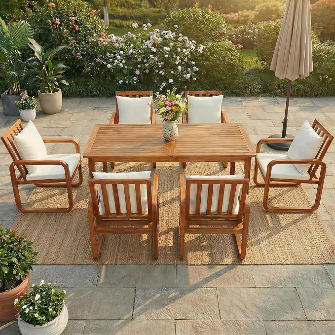 Merax 7 Pieces Patio Dining Set, Outdoor Acacia Wood Furniture for 6, with Table and Removable Cushioned Chairs for Backyard, Beige