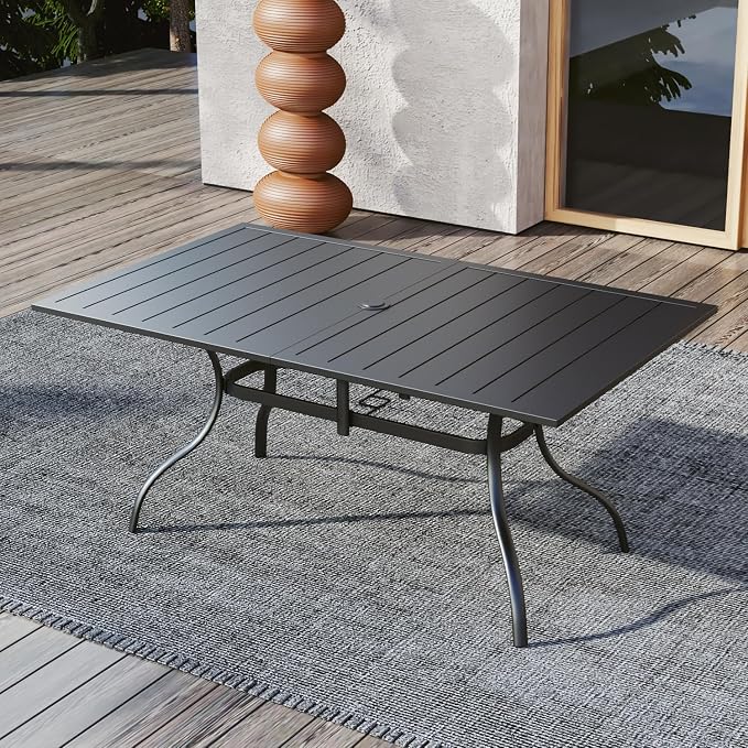 63"x38" Rectangle Outdoor Patio Dining Table with Umbrella Hole - 6 Person | 63" x 38" x 28" Rectangle Table, Slat Table Top, Black, Metal Top and Frame, 1.57"-1.9" Adjustable Umbrella Hole, All Weather