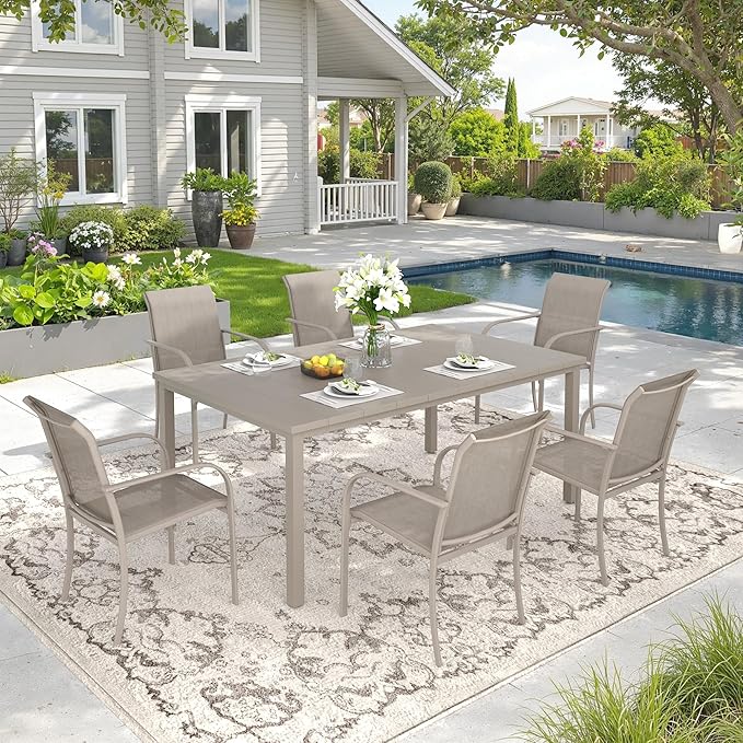 DIFY 7 Pieces Outdoor Patio Dining Set for 6, 63" Sandshell Rectangle Metal Dining Table and 6 Sandshell Stackable Sling Dining Chairs, Outdoor Table and Chairs for Lawn Garden Backyard Deck