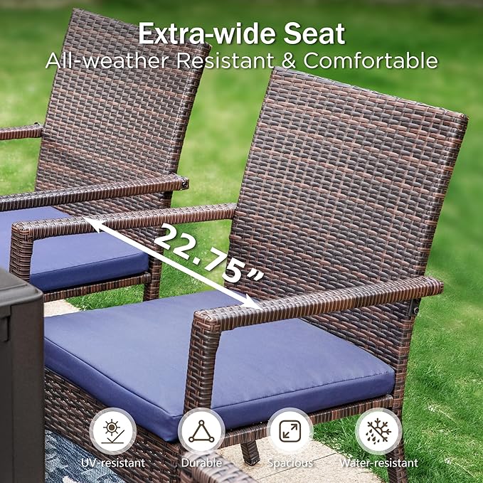 PHI VILLA 7 Piece Outdoor Dining Set for 6, 59” Rectangular Metal Steel Dining Table with Umbrella Hole & Cushioned Rattan Wicker Chairs for Patio, Deck, Yard, Porch