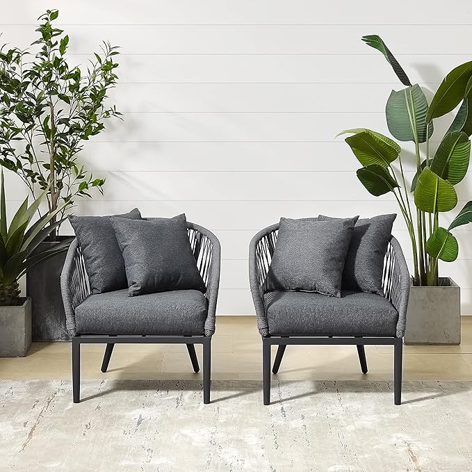 Crosley Furniture Dover 2-Piece Indoor Outdoor Chair Set, Patio Chairs for Conversation, Porch, Deck, Matte Black with Charcoal Cushions