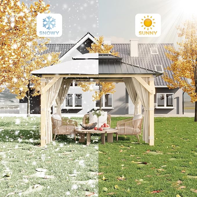 10x12 FT Hardtop Wooden Gazebo with Galvanized Steel Double Roof, Aluminum Frame, Mosquito Netting & Curtains – Durable Outdoor Pavilion for Patio, Backyard, Deck & Lawn