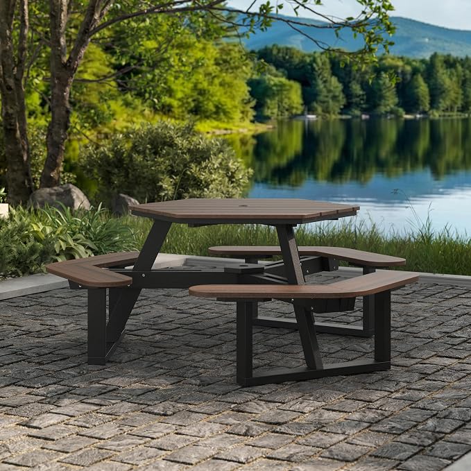 Shoreline Made in USA Hexagon Picnic Table, Seating for 6, Black Sand/Rustic Walnut