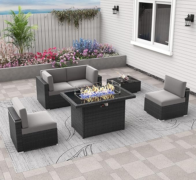 6 Pieces Patio Furniture Set with 44" Propane Gas Fire Pit Table, Outdoor Sectional Wicker Conversation Sofa Sets with Coffee Table