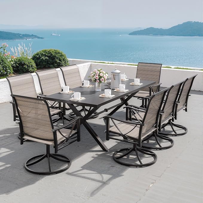 Kurapika 9-Piece Patio Dining Set, Patio Furniture Set for 8, Outdoor Large Metal Table with Umbrella Hole and Textilene Swivel/Rocking Chairs, for Garden, Deck, Porch, Pool All Weather, Brown