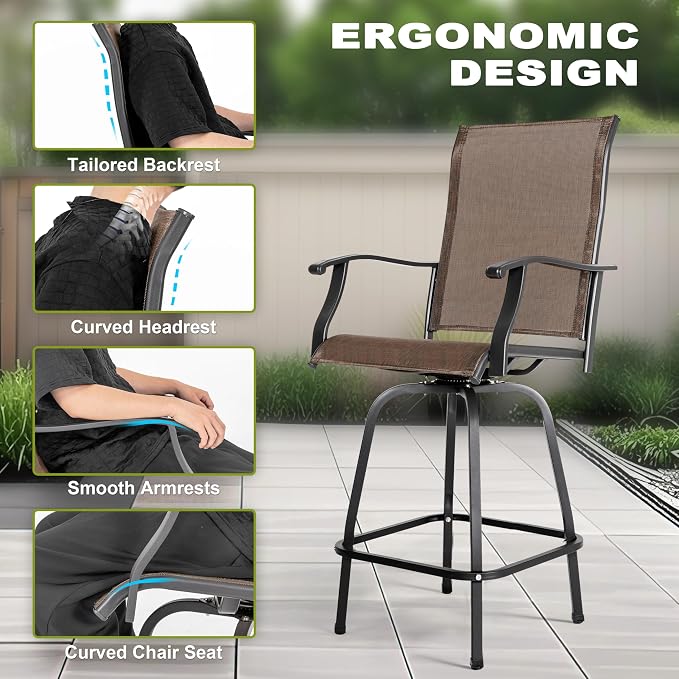NUU GARDEN 5 Piece Outdoor Swivel Bar Set, All Weather Patio High Bar Stool Bistro Set with Textilene Height Back Bar Chairs and Slatted Metal Bar Table with Umbrella Hole, Black and Brown