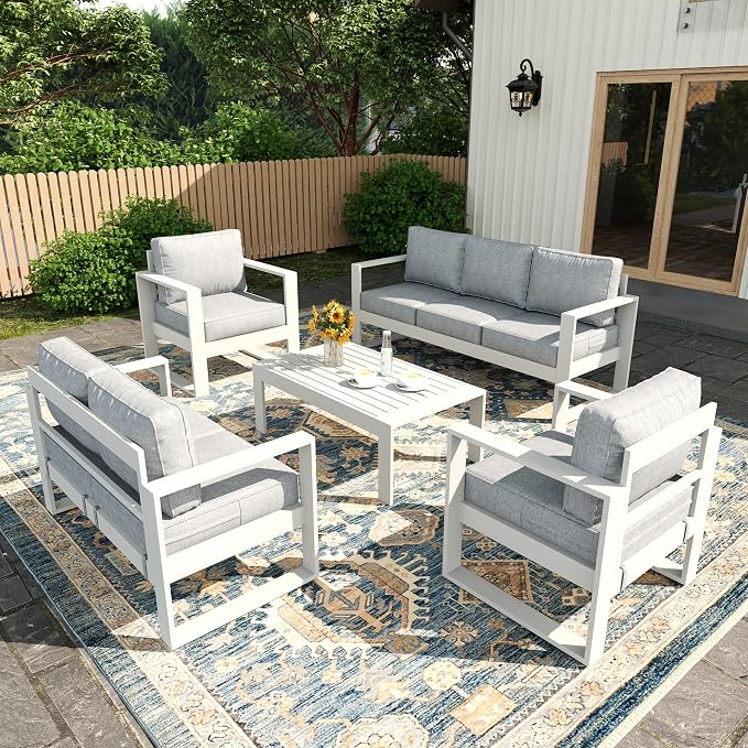 5 Piece Modern Aluminum Patio Furniture Set, Outdoor Patio Sectional Conversation Metal Seating Sets with Olefin Cushion and Coffee Table