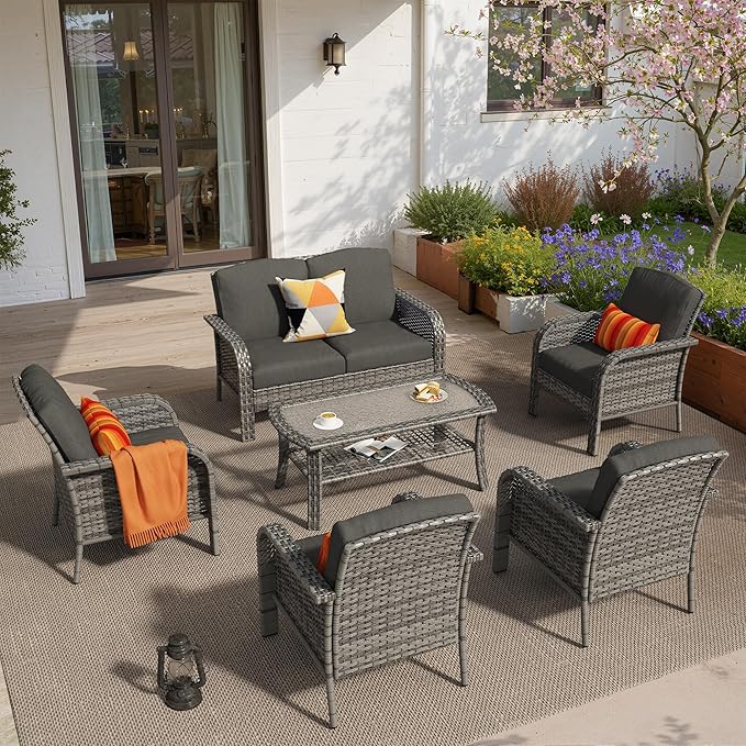 6 PCS Outdoor Patio Furniture Set with Glass Table, All-Weather Rattan Wicker Outdoor Conversation Set with Thickened Cushions for Balcony Backyard Garden Lawn,Black
