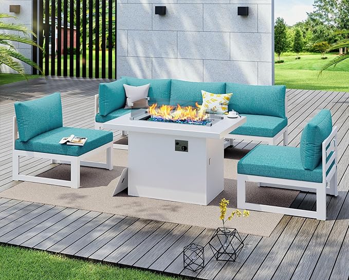 NICESOUL® 6 Piece Extra-Large White Aluminum Frame Outdoor Patio Furniture Set with Propane/Natural Gas Fire Pit Table, 29'' Deep Wide Seating Conversation Sofa, L Shaped Sectional Couch Set, Teal