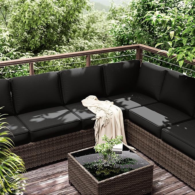 Outdoor Furniture Replacement Cushions, 5" Foam Foam High-Density, Fits 6-seat Sectional Rattan Conversation Set, 14 Piece Patio Water-Resistant Replacement Sofa Cushions, Liner&Cover
