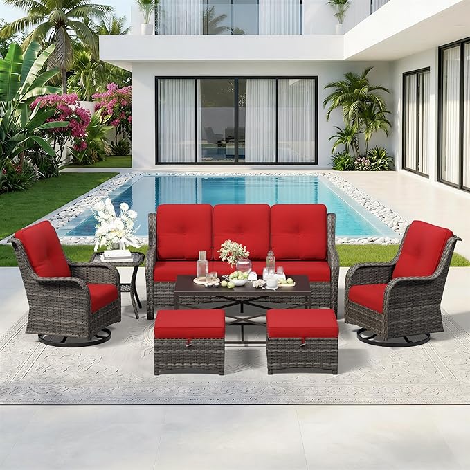 7 Piece Outdoor Wicker Patio Furniture Set, Outdoor Swivel Rocker Patio Chairs Set with Thickened Olefin Cushions, High Back and Deep Seating, Hand-Woven PE Rattan for Porch, Deck