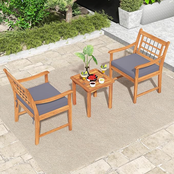 HAPPYGRILL 3 Piece Acacia Wood Patio Conversation Set, Outdoor Bistro Set with Cushions, Solid Wood Frame, 2 Armchairs & Coffee Table Set for Backyard, Porch, Poolside (Gray)