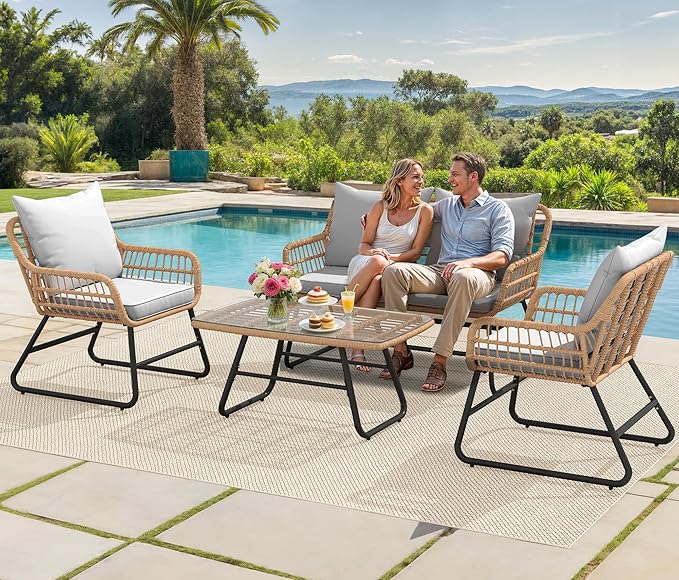 YITAHOME 4-Piece Patio Furniture Set, Wicker Outdoor Bistro Set, All Weather Rattan Patio Conversation Set with Soft Cushions and Glass Side Table for Backyard, Balcony, Deck - Light Grey