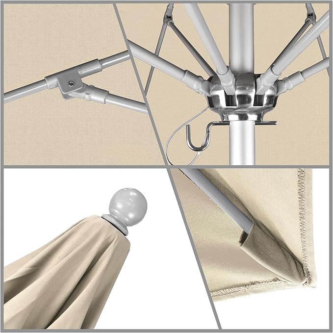 California Umbrella 9' Round Aluminum/Fiberglass Umbrella, Push Open, Silver Pole, Sunbrella Antique Beige