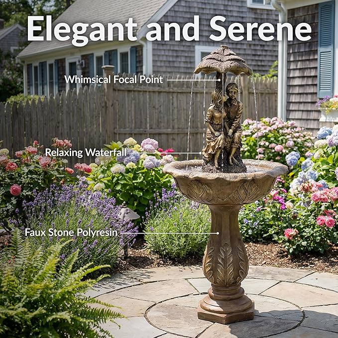 Sunnydaze Lovers Umbrella 43-Inch Solar-Powered Fountain with Rechargeable Solar Battery Backup and LED Lights for Garden, Patio, Yard or Balcony
