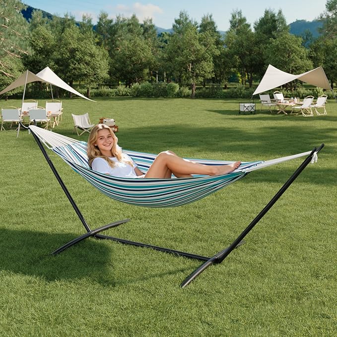 Double Hammock with Space-Saving Steel Stand for 2 Person - Portable, 450lbs Capacity - Indoor Outdoor Use, Carry Bag Included - Perfect for Garden, Camping, Beach - Ocean Color
