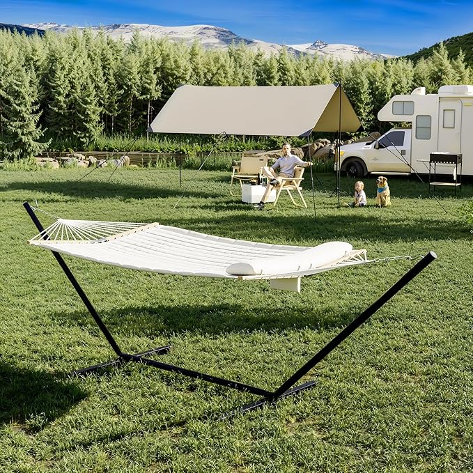 2-Person Hammock Suite with Collapsible Steel Frame – Backyard Oasis & Camping Essential (450lb Support, UV-Resistant + Storage Bag),White (Concave)