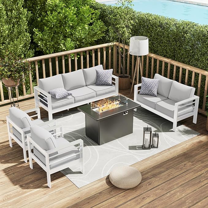 Amopatio Patio Furniture with Fire Pit, 8 Pcs Aluminum Outdoor Metal Patio Sofa Sets with Aluminum Fire Pit Table,White(Included Waterproof Covers)