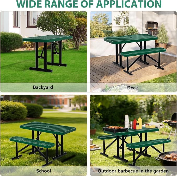 4FT Picnic Tables for Outdoors, Green Rectangular Heavy Duty Commercial Picnic Table with Umbrella Hole,Weather-Resistant Camping Table Dining Table for Backyard, Patio, Garden, Shops, Parks
