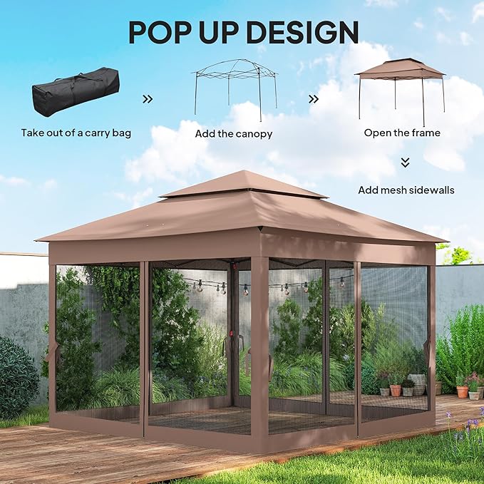 Outsunny 11' x 11' Pop Up Canopy, Outdoor Patio Gazebo Shelter with Removable Zipper Netting, Instant Event Tent w/ 114 Square Feet of Shade and Carry Bag for Backyard, Garden, Brown