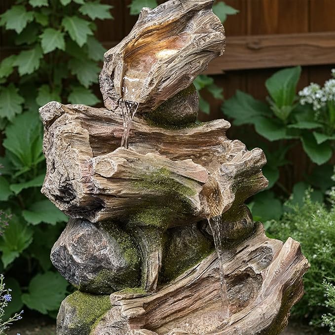 20-Inch Outdoor Water Fountain, 3-Tier Cascading Faux Wood Tree Trunk Resin Waterfall Fountain with 3 Warm LED Lights, Water Feature Decor for Garden, Yard, Patio, Deck, Porch or Lawn in Gray