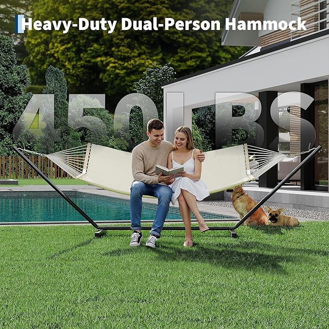 2-Person Hammock with Stand, 450lbs Capacity, Padded Polyester, Heavy-Duty Steel Frame, Portable Carry Bag for Patio, Backyard & Poolside
