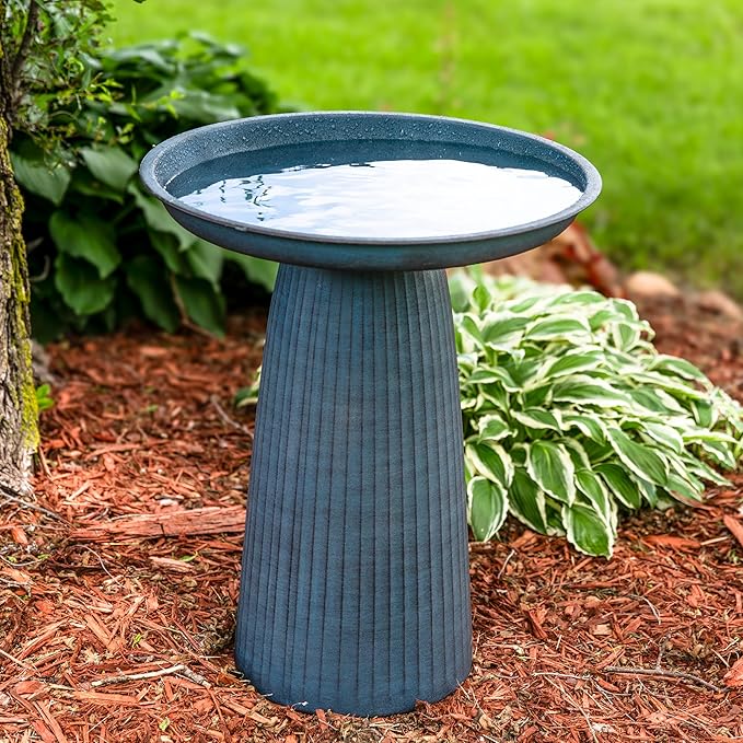 Sunnydaze Gleeful Garden 23" Iron Pedestal Bird Bath for Outside - Modern Shallow Basin Birdbath for Outdoors with UV-Protected Rust-Resistant Finish for Patio, Garden, Yard Decor - Matte Blue