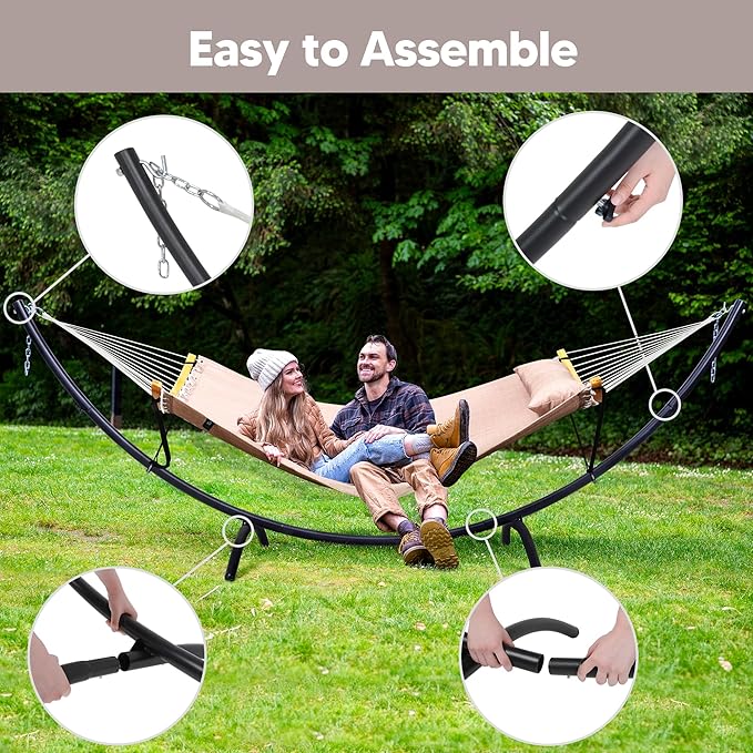 SUNCREAT Portable Double Hammock with Stand, Outdoor Standing 2 Person Hammock Combo, Patent Pending, Tan