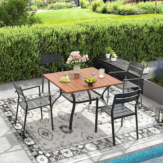 DIFY 5 Piece Outdoor Patio Dining Set for 4, Patio Table and Chairs Set with Umbrella Hole, 37.8" Square Dining Table and Stackable Metal Chairs for Backyard Garden Poolside, Walnut & Black