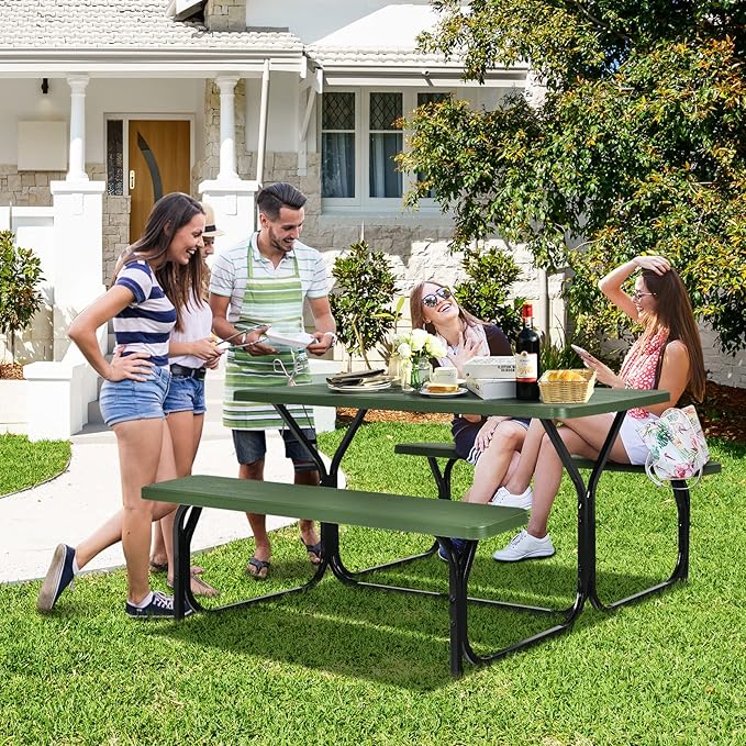 HAPPYGRILL Picnic Table Set Outdoor Patio Table Bench Set with Steel Frame & Plastic Table Top for Garden Lawn Backyard