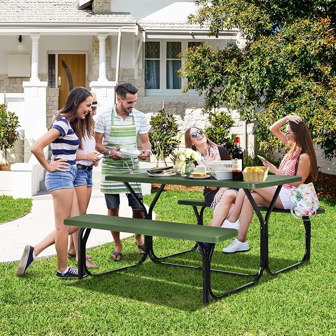 ORALNER Picnic Table, Resin Dining Table & 2 Benches Set, Weather Resistant Wood Grain Plastic Tabletop & Steel Frame, Picnic Tables for Outdoors, Porch Yard Patio Lawn Party Camping (Green)