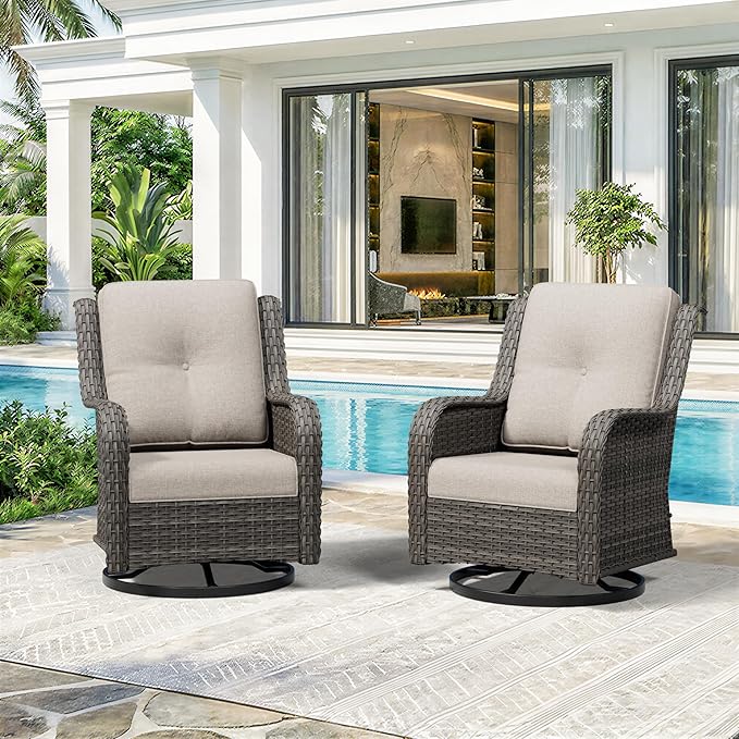 Swivel Rocker Patio Chairs Set of 2 - Outdoor Wicker Patio Furniture Set 2 Pieces with Thickened Olefin Cushions, High Back and Deep Seating, Hand-Woven PE Rattan for Porch, Deck, Beige